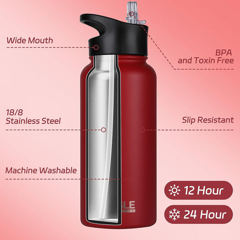 HASLE OUTFITTERS 32 oz Insulated Water Bottle, Stainless Steel Double Walled Vacuum with 2 Lids (Red,4)