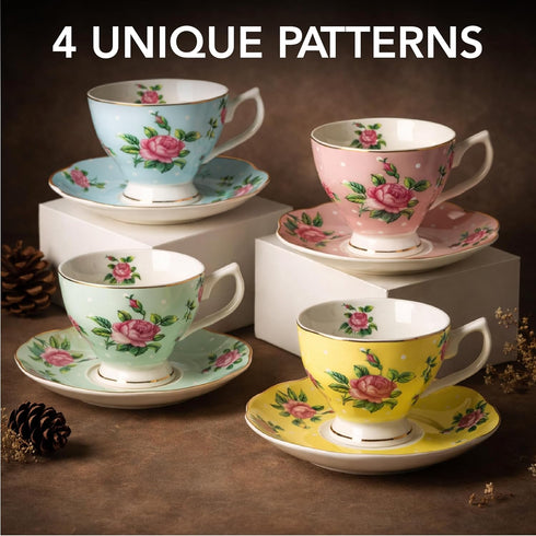 Set 4, 8 oz, Set BTaT- Floral Tea Cups and Saucers, of Fine Porcelain Teacup with Gold Trim for Afternoon Tea