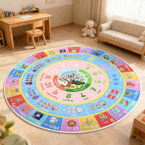 5ft ABC Round Kids Rug for Playroom, Alphabet Small Classroom Rug, Educational Kids Play Mat With Number Shape Animal