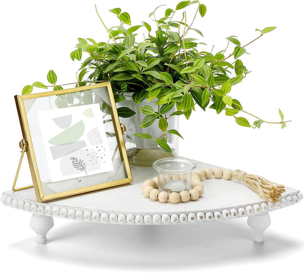 Rustic Wood Corner Counter Shelf, Beaded Farmhouse Tray with Detachable Legs, Bathroom Organizer for Display (White)