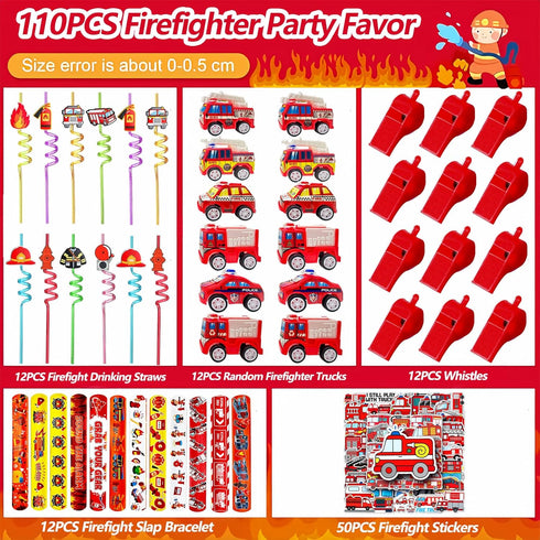 CHSLtmxq Set 110 Fire Truck Party Favors - Pcs with Firefighter Stickers, Slap Bracelets, Drinking Straws & More