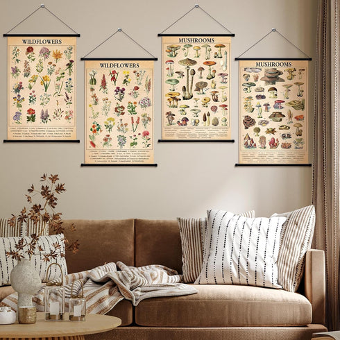 4 15.7 23.6 Inch(Cute, Lewtemi Pcs Vintage Mushroom Wildflowers Poster Fungus Butterfly Tree Wall Hanging Poster Prints
