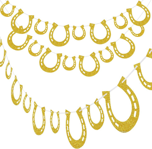 4 Piece Derby Horseshoe Garland Banner for Western Wedding Party Decoration, Pre Assembled (Gold)
