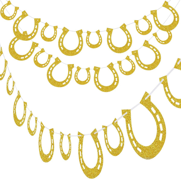 4 Piece Derby Horseshoe Garland Banner for Western Wedding Party Decoration, Pre Assembled (Gold)