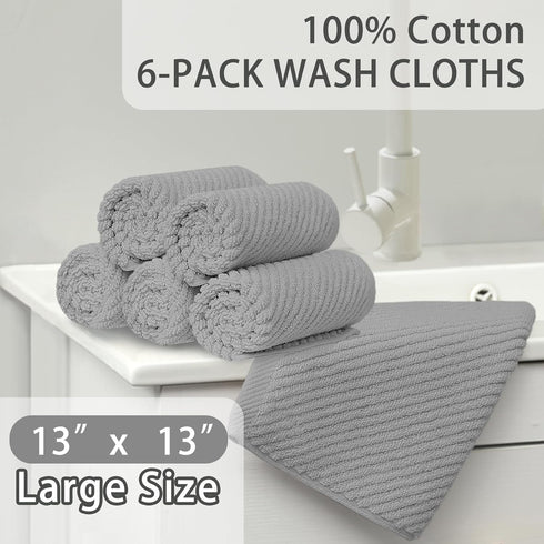 6PC (13"x13") 100% Set, VOOVA & MOVAS Grey Washcloths - Cotton | Lightweight | Thick | Quick Dry | Soft | Absorbent