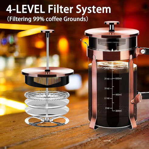 French Press Coffee Maker, 304 Stainless Steel, 4 Filters, Borosilicate Glass, BPA-Free, 21 Ounce
