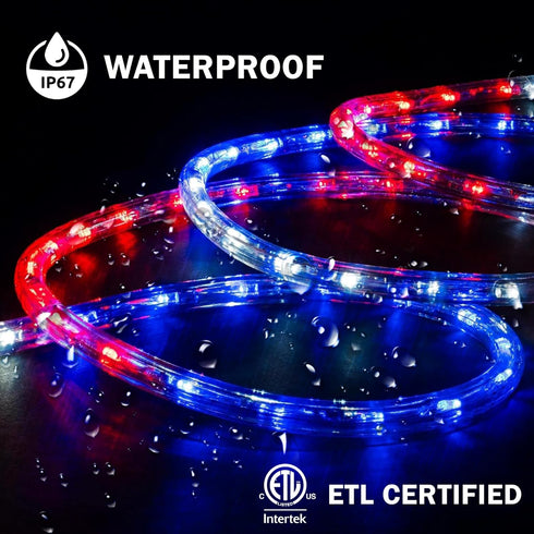 WYZworks 108LEDs 10ft LED USA Patriotic Rope Lights, Outdoor ETL Certified Waterproof Permanent Light