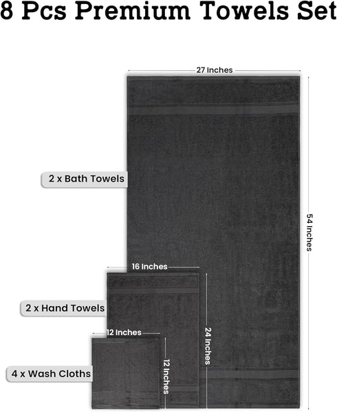 Set 8 (2 4 2 100% Set Casa Lino Bath Towel of Bath Towels, Wash Cloths & Hand Towels for Bathroom) - Cotton - Highly