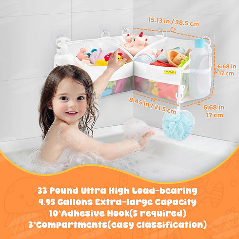 3 Compartments Bath Toy Storage Corner Bath Toy Holder for Bathtub, Kids Tub Toys Organizer with Adhesive Hooks