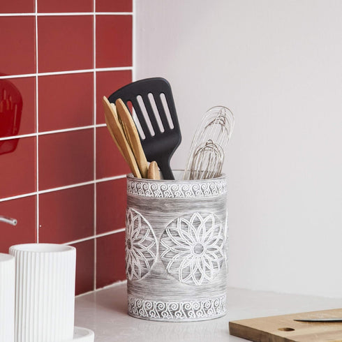 BINO Kitchen Utensil Holder for Countertop, Grey Sunflower Utensil Caddy, Crock for Cooking Utensils