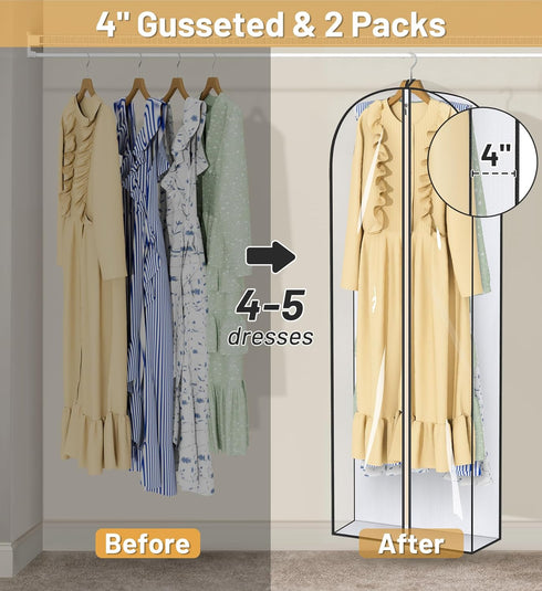 2 Packs MISSLO 65" Clear Garment Bags for Hanging Clothes, 4" Gusseted Dress Bags for Closet Storage Dress Protector
