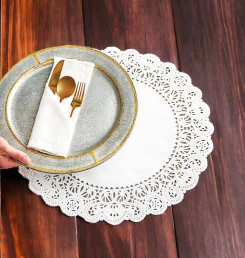 Round Paper Lace Table Doilies – 12 inch White Decorative Disposable Placemats; Made in Canada (Pack of 50)