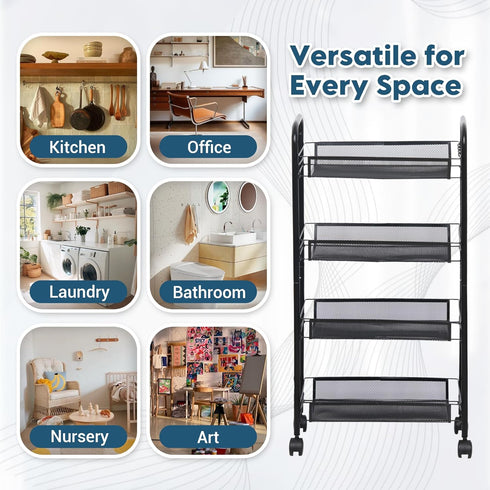 4 LOFTEY Tier Rolling Storage Cart, Small Metal Utility Cart on Wheels, Rolling Organizer Carts for Kitchen, Bathroom