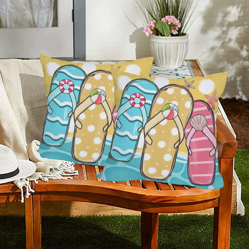 2 Pack Waterproof Summer Throw Pillow Covers, 18x18 Inch, Flip Flops Decor, Tropical Beach Starfish Outdoor Cases