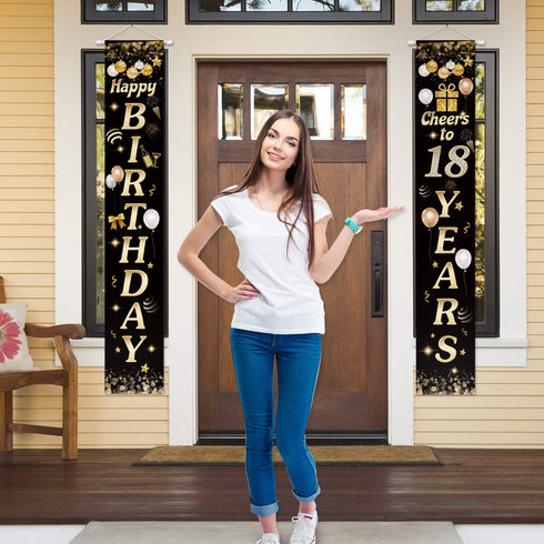 Happy Birthday Cheers to 18 Years Black Gold Yard Sign Door Banner for 18th Birthday Decorations Party Supplies