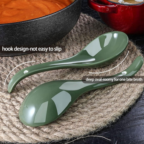 Artena 6.75 inch Solid Asian Soup Spoon Set of 6, Ultra-fine Porcelain Japanese Ramen Spoons for Pho, Miso, Dumpling