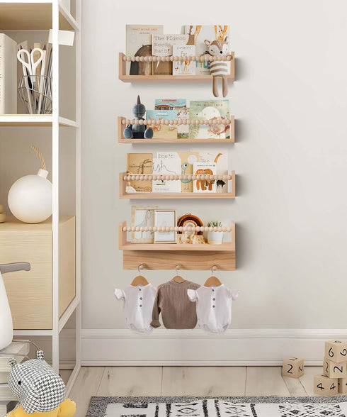 Generic Bookshelves,Set 4 BOMID Wall of Natural Wood Floating Bookshelf,Nursery Shelves,Floating Book Shelves