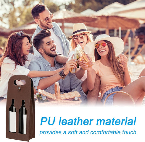 PATIKIL 2 Bottle Wine Gift Bag, Reusable Leather Wine Tote Carrier, 2 Pack for Picnic Party Wedding, Brown-2