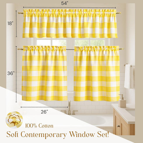 3 Set, 2 26x36 Inch 54x18 Inch, Native Fab Buffalo Check Short Window Curtains, Piece Tier and Valance Tiers