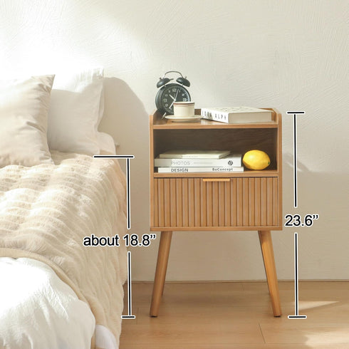 AWASEN Fluted Nightstand, Mid Century Modern Bedside Table with Storage Drawers, Wood Night Stand Bed Side Table
