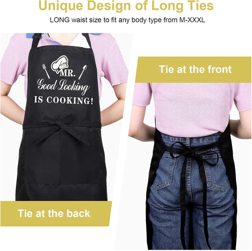 Funny Aprons for Men, MR GOOD LOOKING IS COOKING, Professional Kitchen Chef Bib Apron with Double Pocket