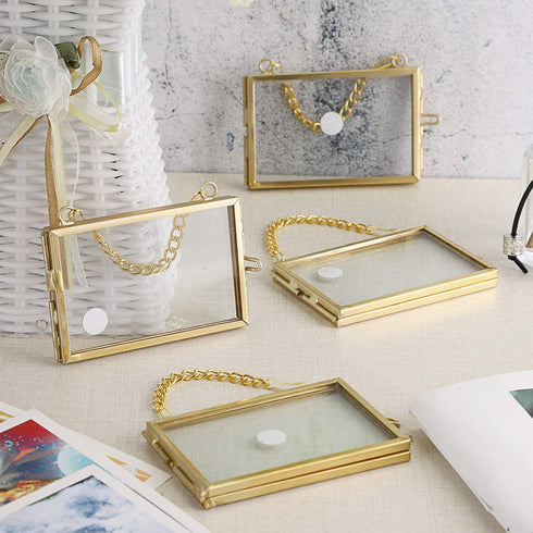 JUXYES Mini Brass Wall Hanging Photo Frame Set of 4, Double Glass Floating Frame for Artwork, Picture, Pressed Flower,