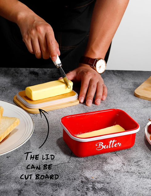 Butter Dish with Lid, Metal Butter Keeper and Stainless Steel Knife, Large Kitchen Container, Red