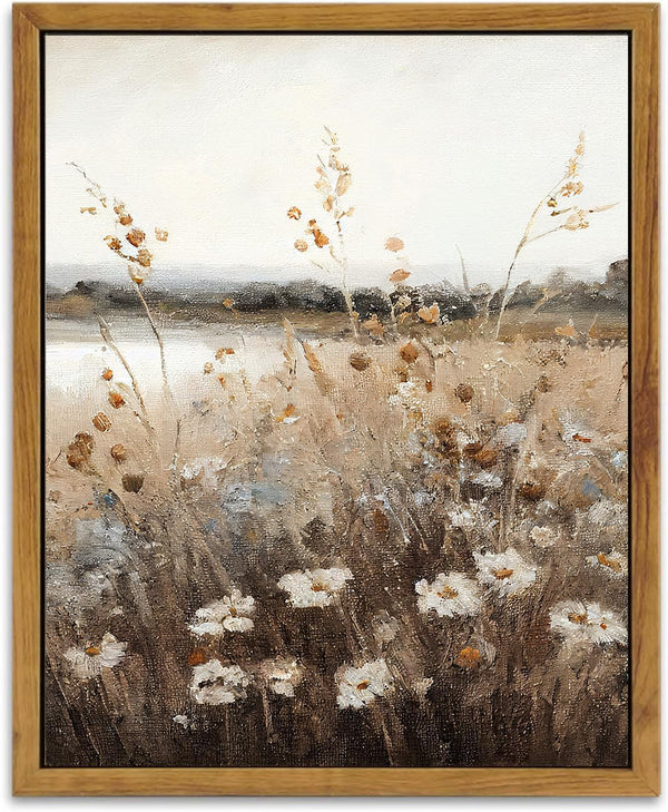 KBKBART Vintage Wall Art Framed, Rustic Autumn Wildflower Field Landscape Canvas Painting for Farmhouse Decor
