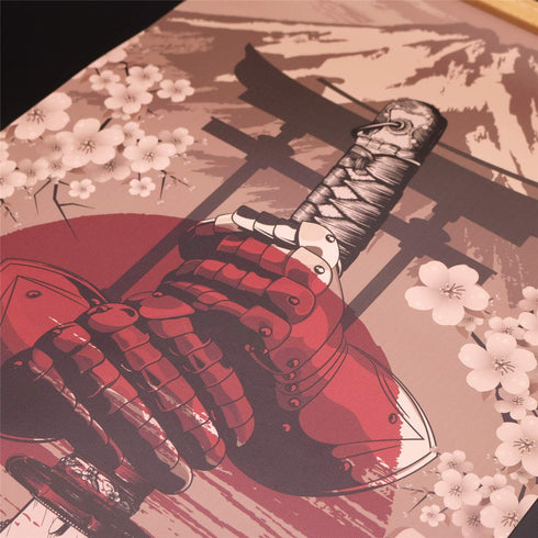 Japan Wall Art Samurai Sword Poster Print on Canvas, Skeleton Oriental Decoration, Wood Framed, 16”x35”