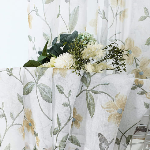 Tollpiz Short Sheer Floral Tier Curtains, Yellow Flower Butterfly Printed Kitchen Voile Curtains, Set of 2 Panels