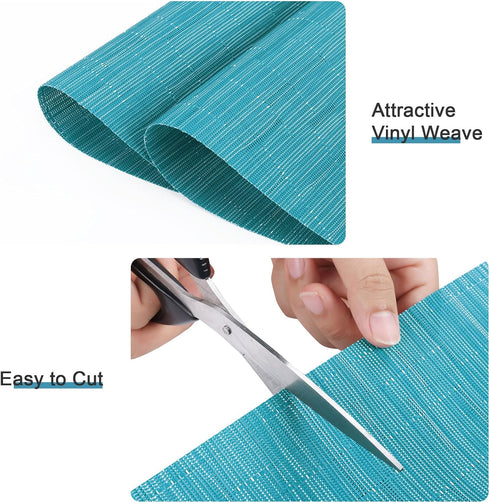 SHACOS Set of 4 Round Wedge Placemats, Heat Resistant, Woven Vinyl PVC Table Mats, Teal Blue, Indoor Outdoor