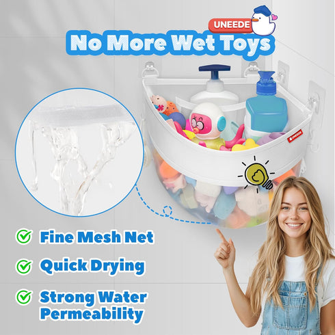 4.32 UNEEDE Gallons Corner Mounted Bath Toy Storage Holder, Mesh Shower Caddy for Bathtub Organizer, Quick Dry Holder