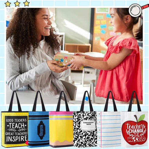 Paterr Teacher Appreciation Gifts Bag Bulk for Women Teacher Canvas Tote Bags End of Year Gift Pencil Crayon Marble