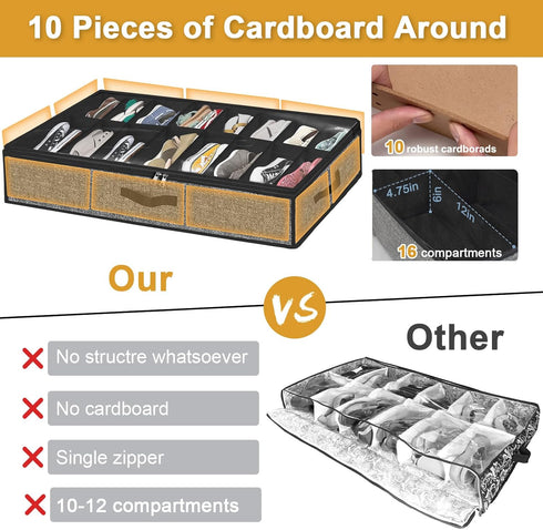 Under Bed Shoe Storage Organizer, Fits 16 Pairs Shoes and 4 Pairs Boots, Extra Large Bins for Closet, Black, Set of 2