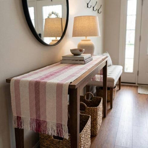 72 Inch Rosey Red Striped Table Runner Long for Dining Table, Console Tables , Entryway Decor - Natural Cotton Tassle /