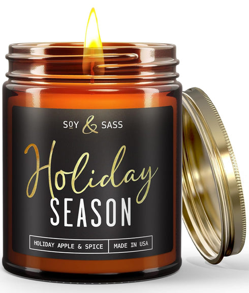 Holiday Candles, Christmas Scented Soy Candle, ‘Holiday Season’ with Apple, Cinnamon & Clove, 9oz