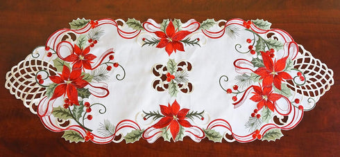 Holiday Christmas Table Runner, 13"x34", Cutwork Embroidered Floral Dresser Scarf for Home Dining