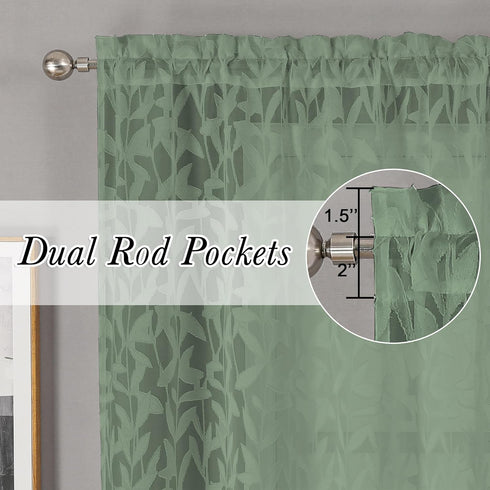 Leia 72 Inch Sheer Curtains Sage Green Panels Set of 2, Double Rod Pocket Window Living Room Curtain with Leaves, Light Reducing Jacquard Texture Voile Drapes for Bedroom Bathroom, 38W x 72L