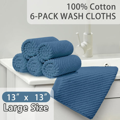 6 Pack, 13"x13" 100% Blue Washcloths - Cotton | Lightweight | Thick | Quick Dry | Soft | Absorbent, Wash Cloths