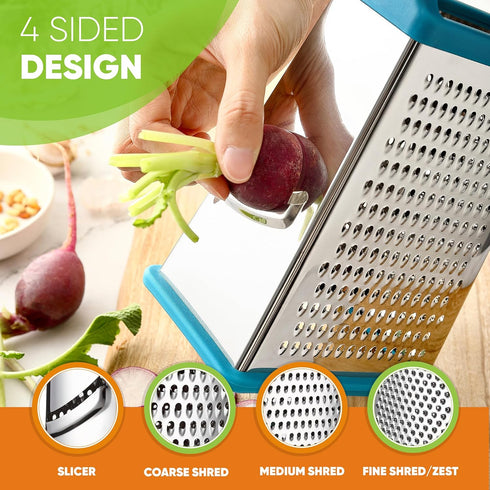 Spring Chef Handheld Stainless Steel XL Parmesan Cheese Grater with Handle - 4 Sided Metal Box Grater for Kitchen