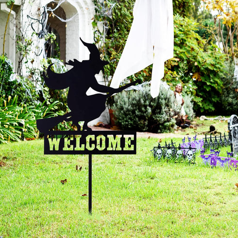 Whaline Halloween Welcome Sign with Stake, Spooky Witch on Broom Door Hanger, Black Witches Silhouette Garden Stakes