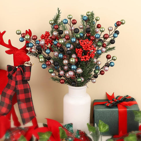24 Pack HOHOTIME Artificial Berry Stems Branches, Christmas Faux Holly Colorful Berries Branches Ornaments