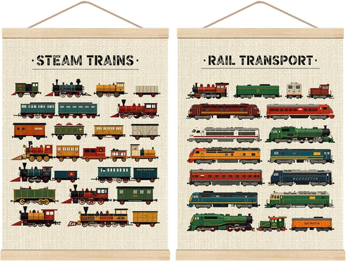 HKTZM Steam Trains Wooden Poster Hanger Frame 16x24 Inch,Vintage Train Locomotives Hanger Poster,Rail