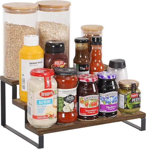 Giikin 3-Tier Spice Rack, 13.8 Inch Wood Step Shelf for Countertop Spice Storage, Kitchen Pantry Organizer with Metal