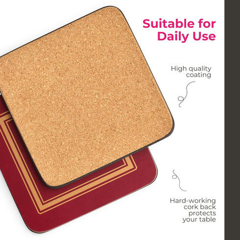 Pimpernel Classic Burgundy Drink Coasters, Set of 6, Heat & Stain Resistant, Non-Slip Cork Backing, 4"