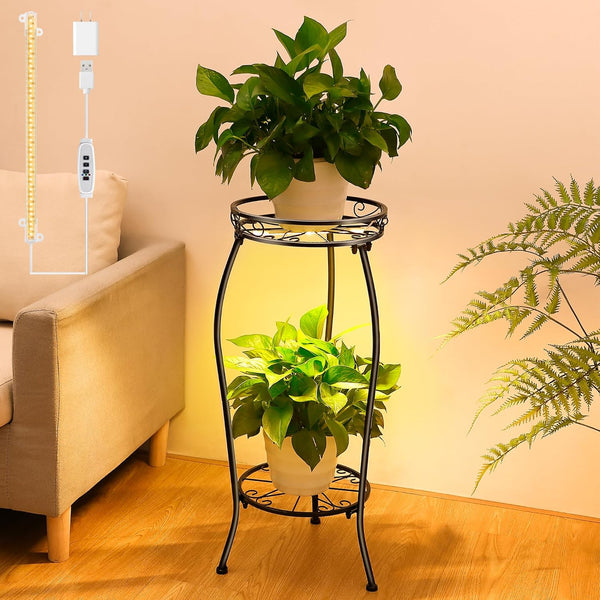 Dunkive Plant Stand indoor Outdoor 2 Tier 27" with Grow Light, Tall Metal