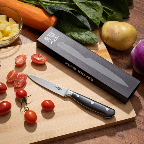 KUMA 3.5 Inch Paring Knife, Pro Bolster Japanese Profile Kitchen Knife for Detailing, Stainless Steel Vegetable & Fruit