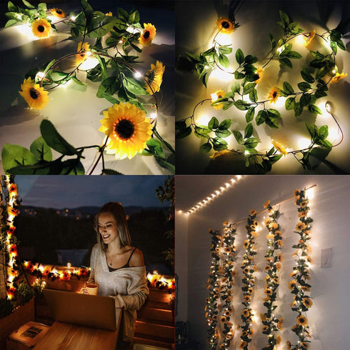 2 Pack 8.8FT Artificial Sunflower Garland with 100 LED Fairy String Lights, Faux Sunflowers Hanging Plant for Indoor,
