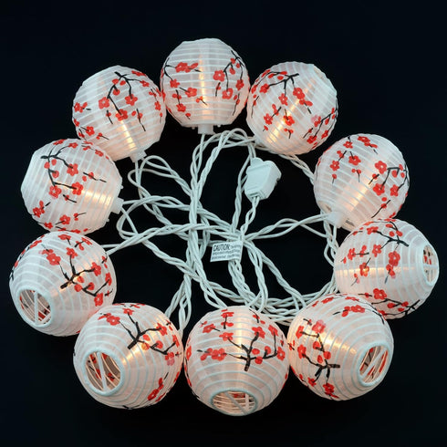 YULETIME Plum Blossom Lantern String Lights, 10 Count Nylon Lantern on 7.6' White Wire, UL Listed