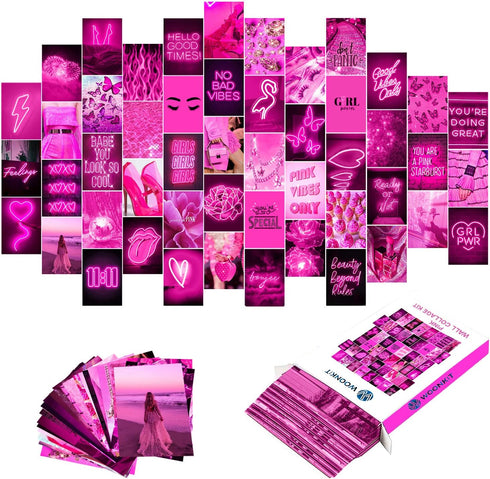 WOONKIT Pink Neon Wall Collage Kit - Aesthetic Pictures for Trendy Room Decor, 50pcs 4x6 Inch for Teen Girls